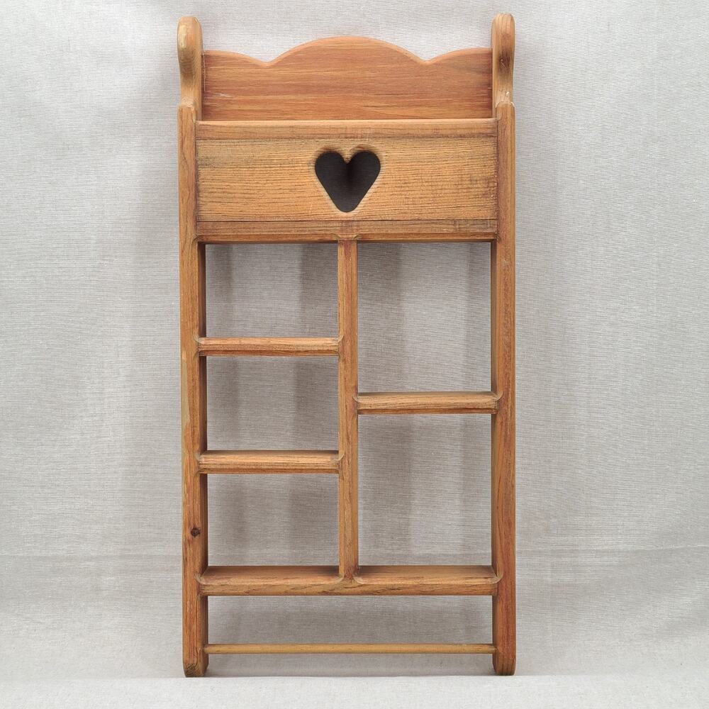 VTG Wood Wall Shelf Trinket Shadow Box Heart Dividers Display Country Farmhouse